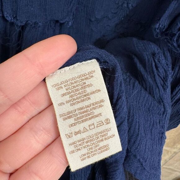 Free People Navy Blue Tiered Distressed Boho Lace Embroidered Dress Small - Picture 6 of 9